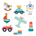 A collection of children\'s toys. Car, robot, boat, aeroplane