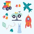 A collection of children\'s toys. Car, steam engine, rocket, aeroplane, hare, kite