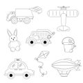 A collection of children\'s toys outline. Car, aeroplane, hare, kites, bucket with spatula