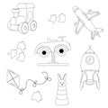 Collection of children\'s toys outline. Car, steam engine, rocket, aeroplane, hare, kite