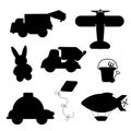 A collection of children\'s toys silhouette. Car, aeroplane, hare, kite, shovel bucket