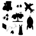 A collection of children\'s toys silhouette. Car, steam engine, rocket, aeroplane, hare, kite