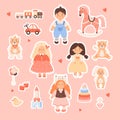 Collection children toys stickers. Kids doll toys girls and funny boy, plush animals, rocking horse, pyramid, car, train, Royalty Free Stock Photo