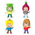 The collection of the children using the fresh vegetables costume with the different variant Royalty Free Stock Photo