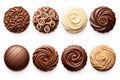 A collection of choclate pralines ornaments isolated on a white background