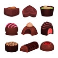 Collection of chocolate candies of various shapes. Sweets with different filling. Tender souffle. Delicious truffle