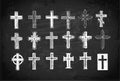 Collection of christian crosses. Doodle sketch illustration on blackboard background.