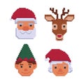 Collection of christmas avatars isolated on a white background. Santa Claus, Mrs. Claus, deer, elf. 8 bit. Graphics for games.