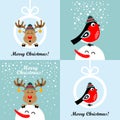 Christmas cards with cartoon deer and bullfinches. Vector illustrations