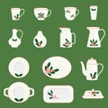 Collection of Christmas ceramic tableware utensils cups, plates, dishes, jugs. Set of decorative utensils items isolated Royalty Free Stock Photo