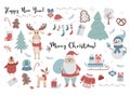 Collection Christmas, cute cartoon characters Santa Claus, snowman and funny animals deer and chipmunk, tree, socks Royalty Free Stock Photo