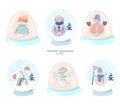 Collection of Christmas cute and funny snowmen in snow glass globes Royalty Free Stock Photo