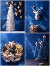 Collection Christmas decorations in blue and golden palette.