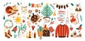 Collection of Christmas decorations, holiday gifts, winter knitted woolen clothes, mulled wine and ginger bread isolated Royalty Free Stock Photo