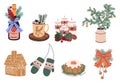 Collection of Christmas decorations, holiday gifts, winter knitted woolen clothes, mulled wine and Royalty Free Stock Photo