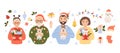 Collection Christmas elderly and young people. Happy couple grandparents, man and woman with puppy, garland and New Year Royalty Free Stock Photo