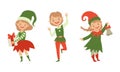 Collection of Christmas Elves, Cute Kids in Xmas Elf Costumes, Santa Claus Helpers Characters Cartoon Vector Royalty Free Stock Photo