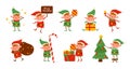 Collection of Christmas elves isolated on white background. Bundle of little Santa`s helpers holding holiday gifts and