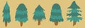 Collection Christmas Fir Tree. New year green sketch cute set. Firtree or pine. Xmas cozy spruce decoration hand drawn