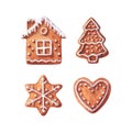 Collection of Christmas gingerbreads, house, chrismas tree, snowflake and heart. Royalty Free Stock Photo