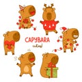 Collection Christmas holiday cute capybaras with New Years garland, heart, gift and in knitted sweater. Vector