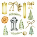 Collection of Christmas items candles, bows, fir cone, christmas tree, dried orange, lantern