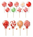 Collection of christmas lollipops on white background. New year candies with spiral red and green stripes and swirls. Set of round Royalty Free Stock Photo