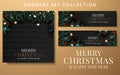 Collection Christmas and New Year with border or garland of Christmas tree branches, holly berries and beads on wood background. Royalty Free Stock Photo