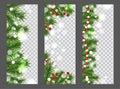 Collection Christmas and New Year vertical banner with border or garland of Christmas tree branches, holly berries and beads on Royalty Free Stock Photo
