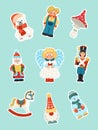Collection of Christmas ornaments, stickers of Christmas toys, holiday decorations.