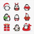 Collection of Christmas penguinsts, Merry Christmas illustrations of cute penguins with accessories like a knitted hats Royalty Free Stock Photo