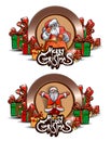 Collection with Christmas round banner or emblems with Christmas tree branches gifts, Santa Claus. Merry Christmas title
