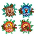 Collection with Christmas round banner or emblems with Christmas tree branches gifts, Santa Claus. Merry Christmas title