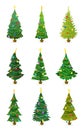 Collection of Christmas trees with decorations standing in a pot. Flat design illustration. Royalty Free Stock Photo