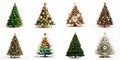 Collection of Christmas trees isolated on white background. Set of Decorated Christmas tree with new year presents and new year Royalty Free Stock Photo