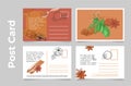 Collection cinnamon design postcard vector greeting postal message with spices seasoning condiment