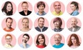 Collection of circle avatar of people. Young and senior men and women faces on pink color. Royalty Free Stock Photo