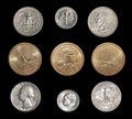 Collection of circulating coins of the USA change coins of America on a black background