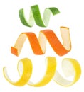 Collection of citrus fruit peel over white background. Fresh lemon, lime and orange zest Royalty Free Stock Photo