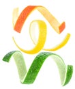 Collection of citrus fruit peel over white background. Fresh lemon, lime and orange zest