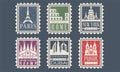 Collection of City Stamps from Different Countries with Architectural Landmarks, Paris, Rome, New York, Barcelona, Dubai Royalty Free Stock Photo