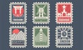 Collection of City Stamps from Different Countries with Architectural Landmarks, Tokyo, Amsterdam, Moscow, Egypt Royalty Free Stock Photo