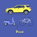 A collection of vehicles: car, motorbike, electric scooter, bicycle Royalty Free Stock Photo