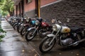 a collection of classic motorcycles, parked in a row