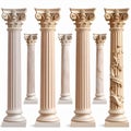 Collection Of Classical Corinthian Columns In Various Sizes And Textures On White pillar Royalty Free Stock Photo