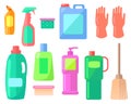 Collection of cleaning washing tools or equipment, household, tidy, clean, plastic bottles