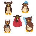 Collection of clip art sleepy owls. Set of illustrations isolated on white background. Vector illustration can be used