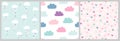 Cute scandinavian pattern set with clouds and hearts. Vector seamless background for Valentines day with clouds and