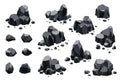 Collection of coal black mineral resources. Pieces of fossil stone. Polygonal shapes set. Black rock stones of graphite Royalty Free Stock Photo