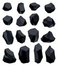 Collection of coal black mineral resources. Pieces of fossil stone. Polygonal shapes set. Black rock stones of graphite Royalty Free Stock Photo